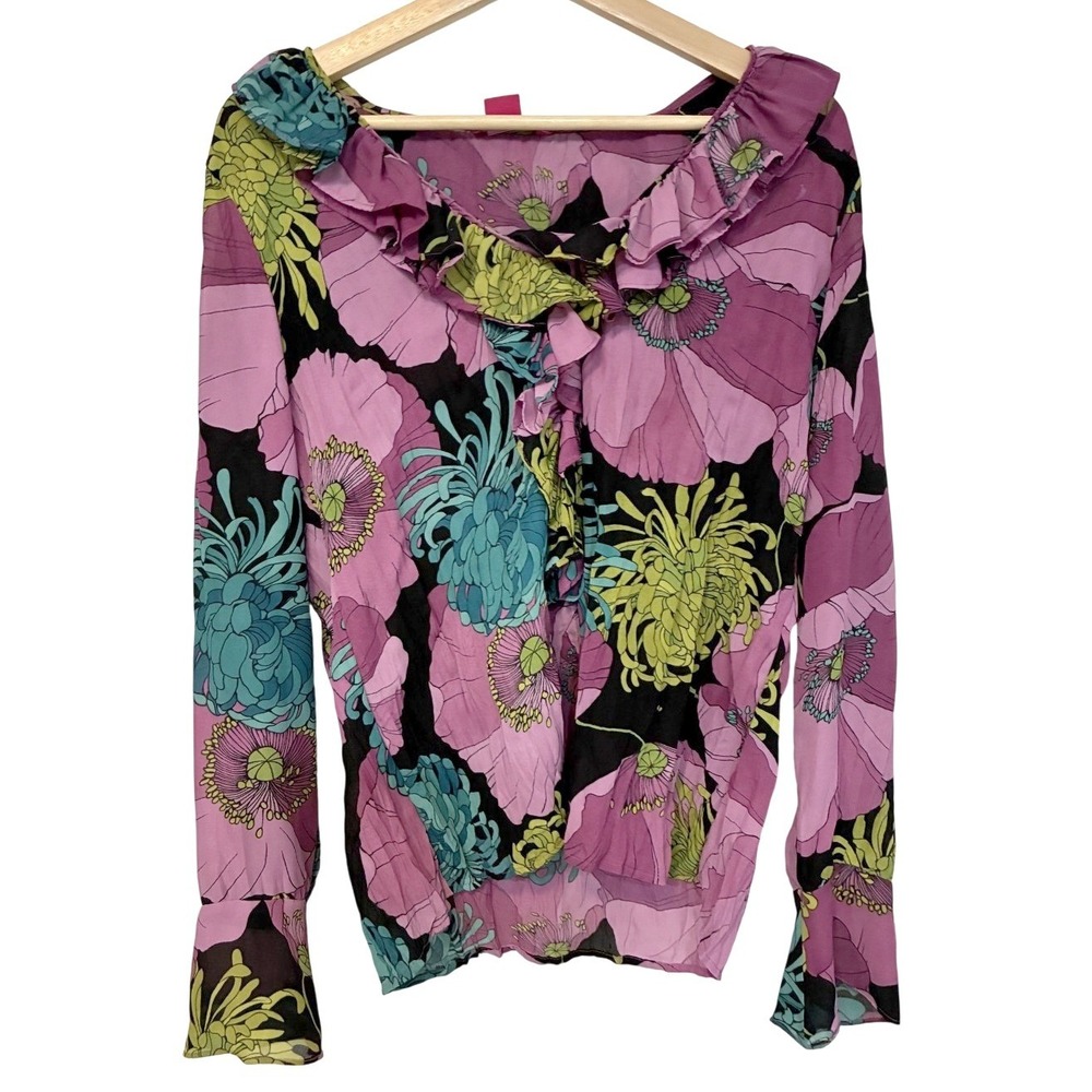 Sunny Leigh Peony‎ Floral Print Blouse Pink Long Sleeve size Medium